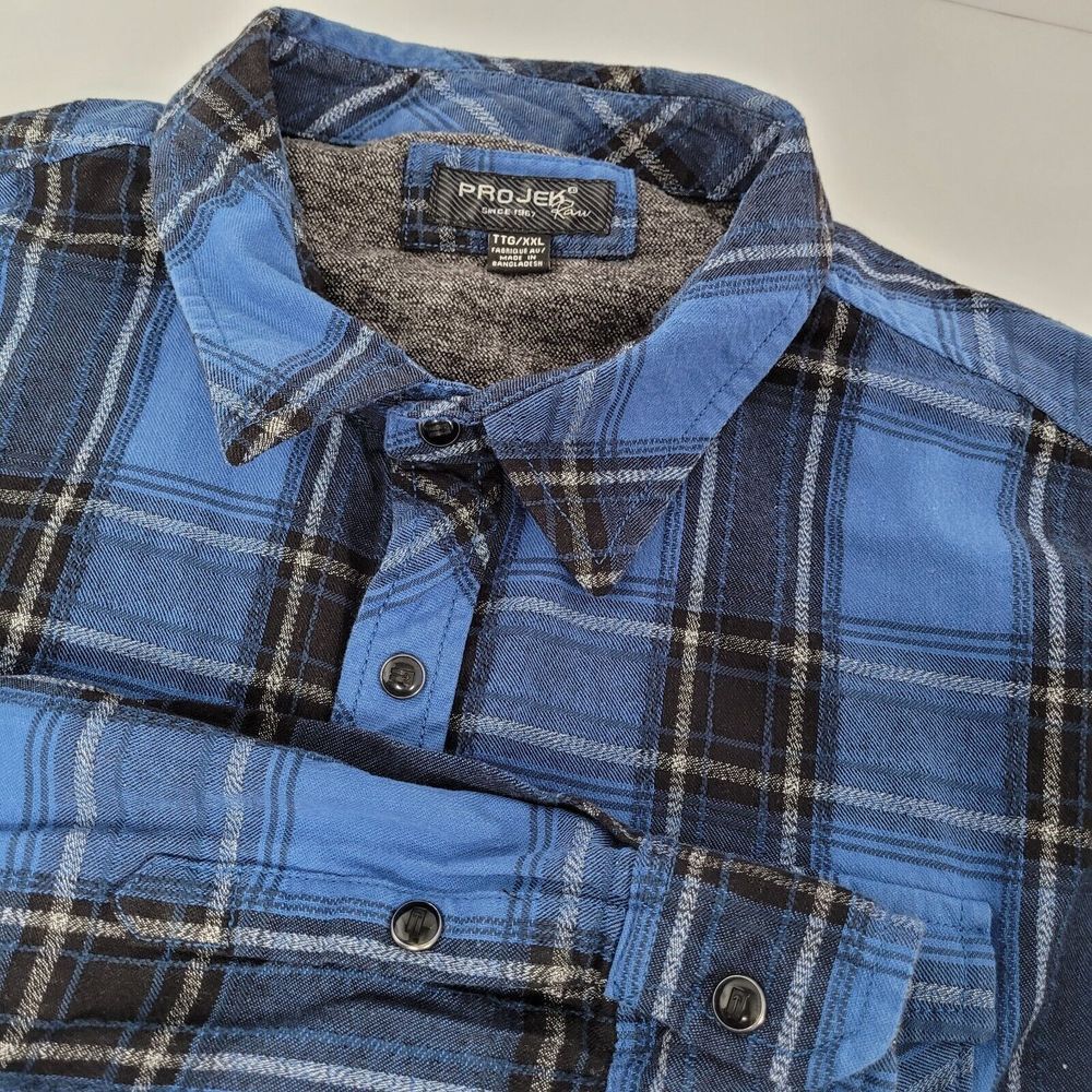 Projek Raw Flannel Shirt Mens XXL Blue Black Plaid Long Sleeve Excllnt Condition